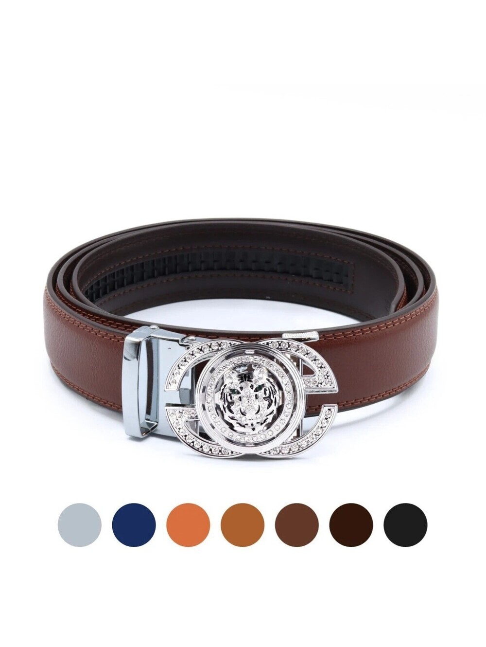 46 Men Lion Rotating Bling Ratchet D. Brown Genuine Leather Belt MGLBB54-SIL-DBR